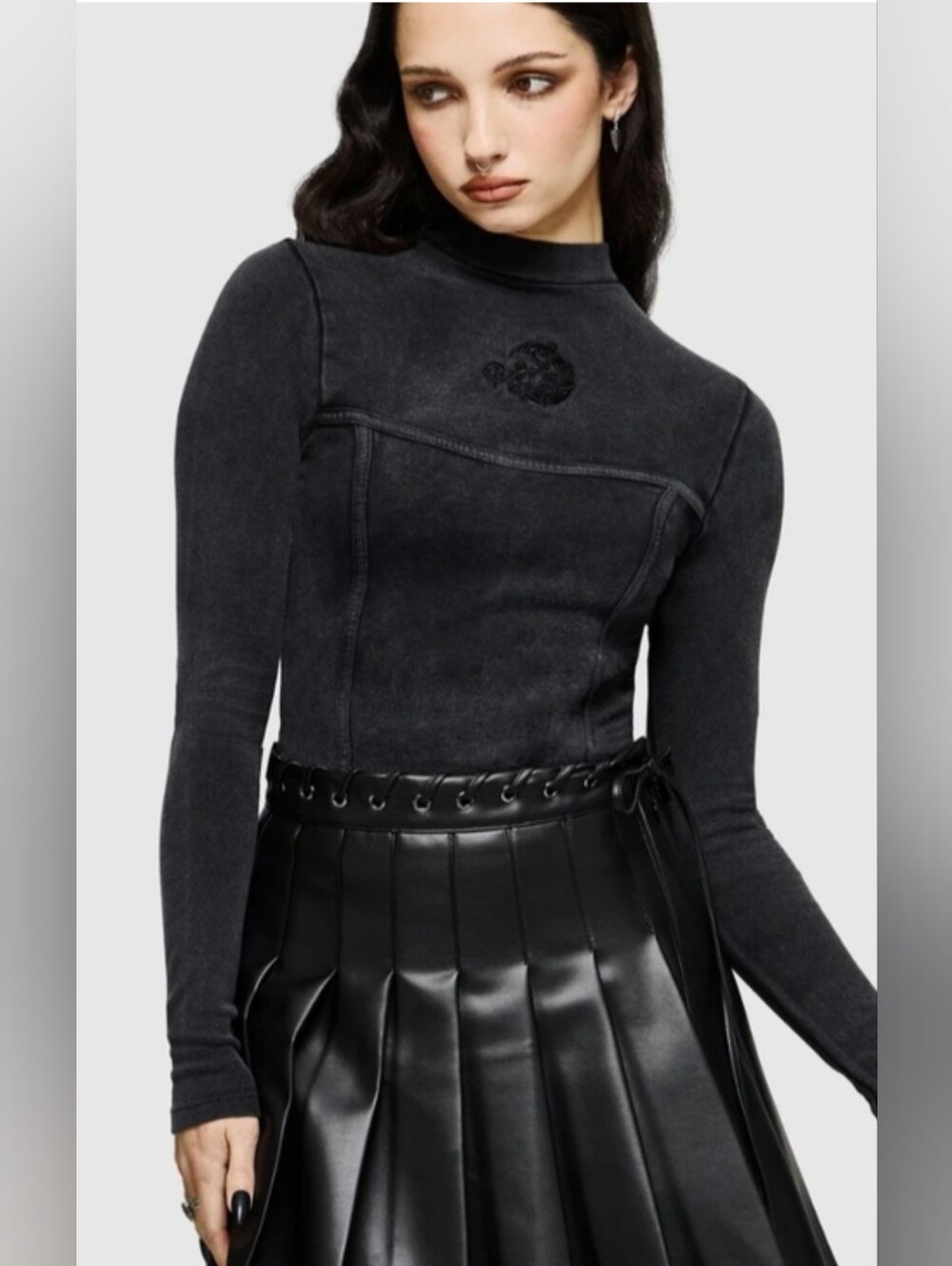 Disturbia Uma Embroidered Seamed Ribbed Long Sleeve Top Black US 14